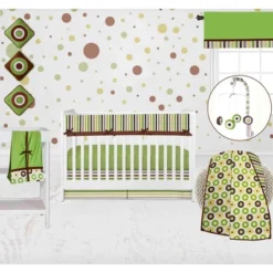Bacati - Mod Dots Stripes Green Yellow Beige Brown 10 Pc Crib Bedding Set With Long Rail Guard Cover