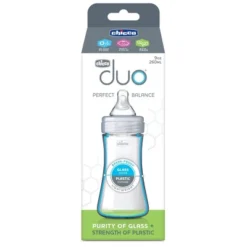 Chicco Duo Hybrid Baby Bottle With Invinci-Glass Inside/Plastic Outside With Slow Flow Anti-Colic Nipple 0 Months+ - Clear/Gray - 9oz